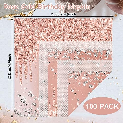Miniatura 2 de ZOIIWA 100 servilletas de cumpleaños de oro rosa, decoraciones de fiesta rosa, servilletas de papel desechables para niñas y mujeres, tema de