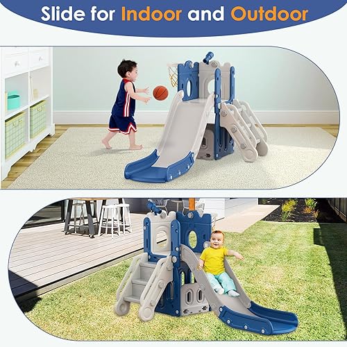 Miniatura 8 de BIERUM Tobogán 7 en 1 para niños pequeños, en forma de L, para niños de 1 año en adelante, con aro de baloncesto y pelota, lanzamiento de anillo,