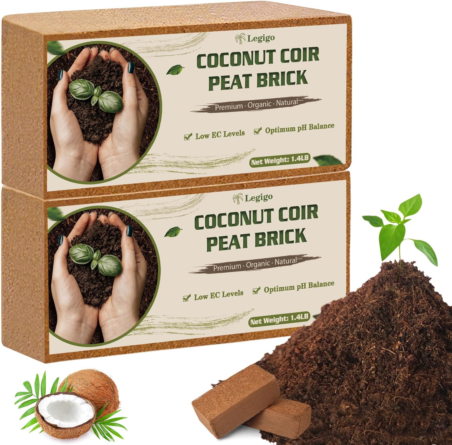 Legigo 2 Pack Premium Coco Coir Brick for Plants- 100% Organic Compressed Coconut Coir Bricks Starting Mix, Coco Coir Fiber Coconut Husk for Planting, Gardening, Potting Soil Substrate, Herbs