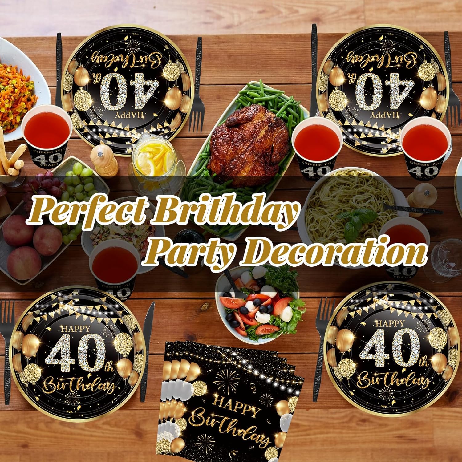 240 Pcs 40th Birthday Decorations 1986 Birthday Party Tableware Include Plates Napkins 9oz Cups Cutlery 40th Anniversary Party Supplies for Men Women Him Her, Serve 30 Guests (Black Gold)