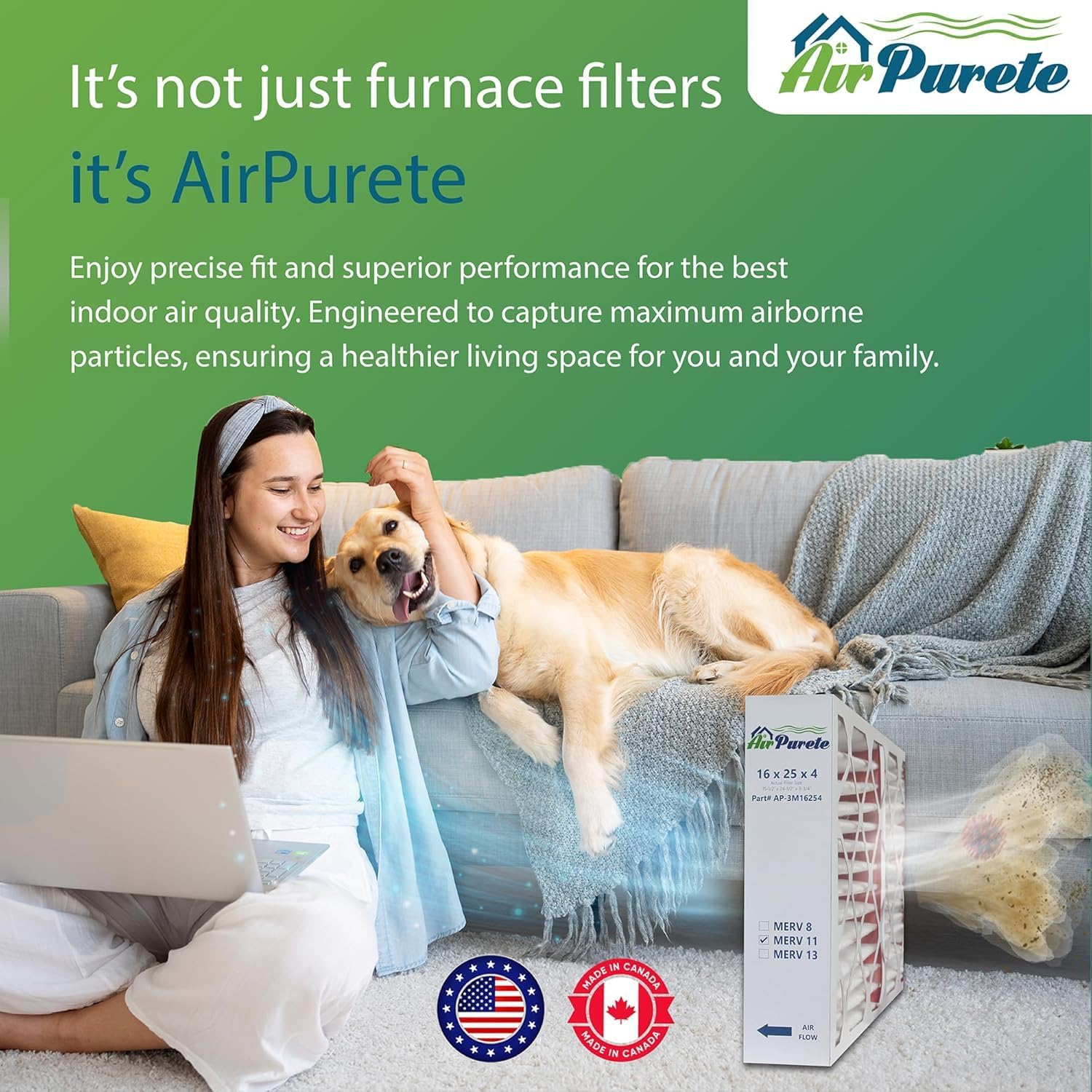 16x25x4 HIGH CAPACITY Furnace Filter | AirPurete AP- 3M16254 | Actual Size 15 1/2" x 24 1/2" x 3-3/4" | MERV 11 | Pack of 3