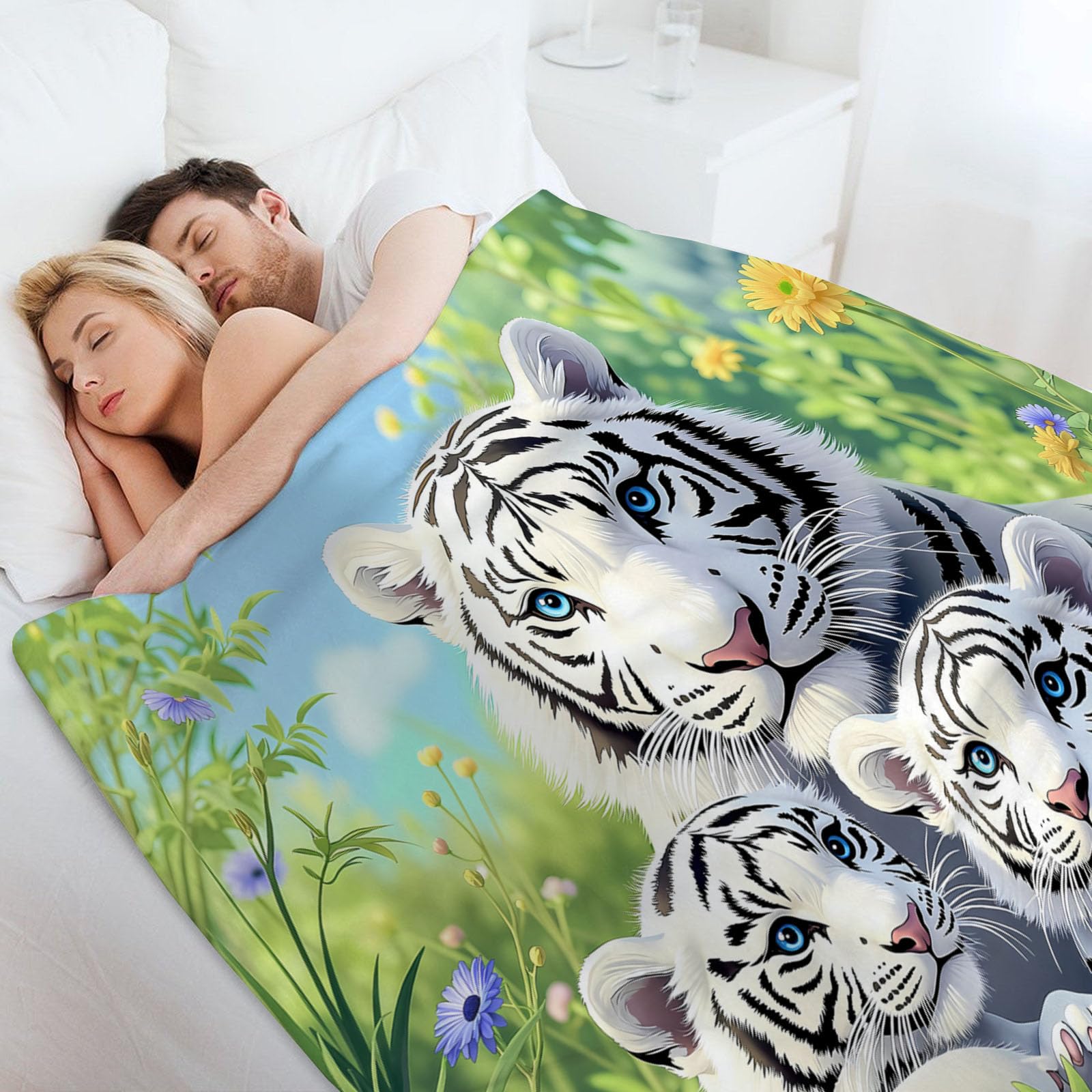 Manta En Blanco Negro - Manta con Estampado Tigre Plantas Verdes Acogedora, Mantas Naturaleza Vida Silvestre Franela Ligera Suave, para niñas niños Adultos la cama el sofá y los viajes 220x240 cm
