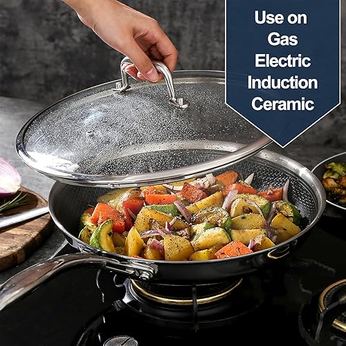 Miniatura 7 de DELUXE Juego de sartenes antiadherentes híbridas de 5 piezas, 8, 10 y 12 pulgadas, con tapas de vidrio, sartén con asas que se mantienen frescas,