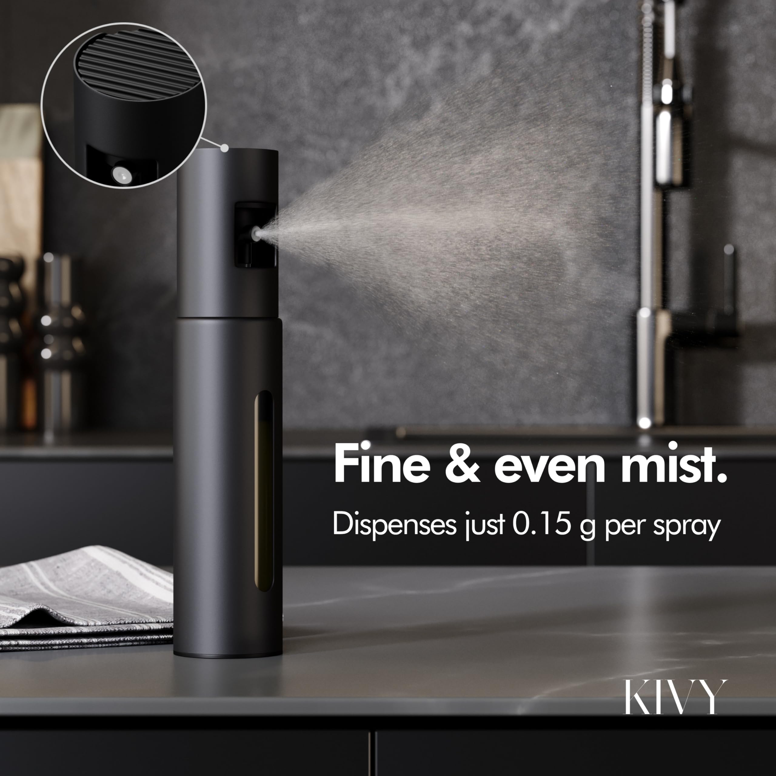 KIVY Spruzzatore per Olio in Vetro per Cucina – Bottiglia Spray Precisa per Olio e Aceto – Bottiglia Spray Mister per Alimenti – Include Imbuto – Perfetto per Cucinare e Friggitrice ad Aria (Nero e