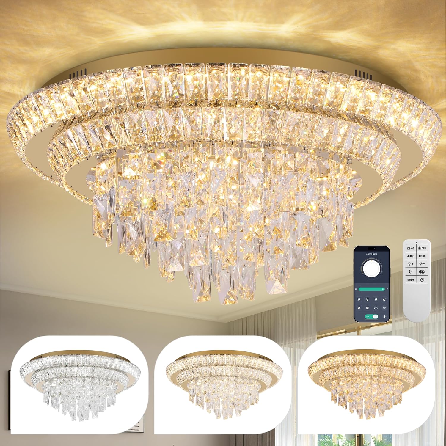 24 inch Flush Mount Crystal Chandelierse with Remote and APP Gold, Modern Elegant LED Crystal Raindrop Ceiling Light Fixtur, 3CCT Dimmable, for Living Room Kitchen Island Bedroom Entryway Foyer Gold 24 inch