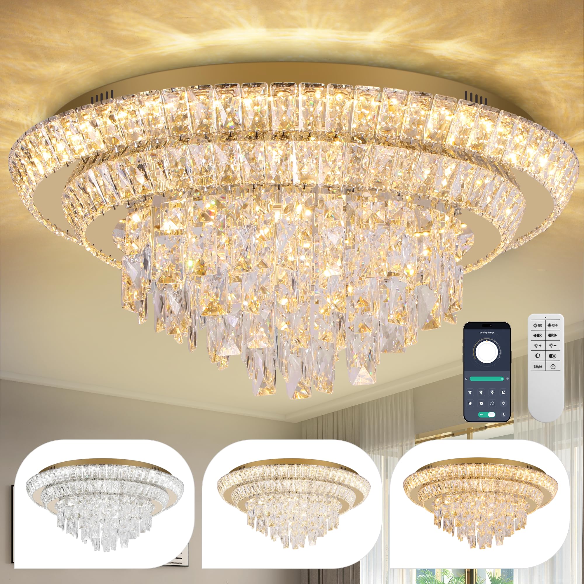 シャンデリア　ゴールド 24 inch Flush Mount Crystal Chandeliers Gold, Modern Elegant