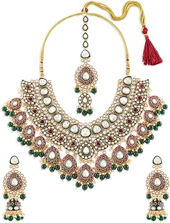ZAVERI PEARLS Green Pink Stones Beads Dazzling Kundan Meenakari Bridal Necklace Earring & Maangtikka Set For Women-ZPFK22118 Price In India