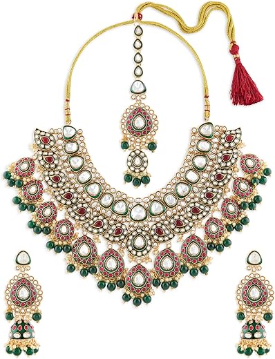 ZAVERI PEARLS Green Pink Stones Beads Dazzling Kundan Meenakari Bridal Necklace Earring &amp; Maangtikka Set For Women-ZPFK22118
