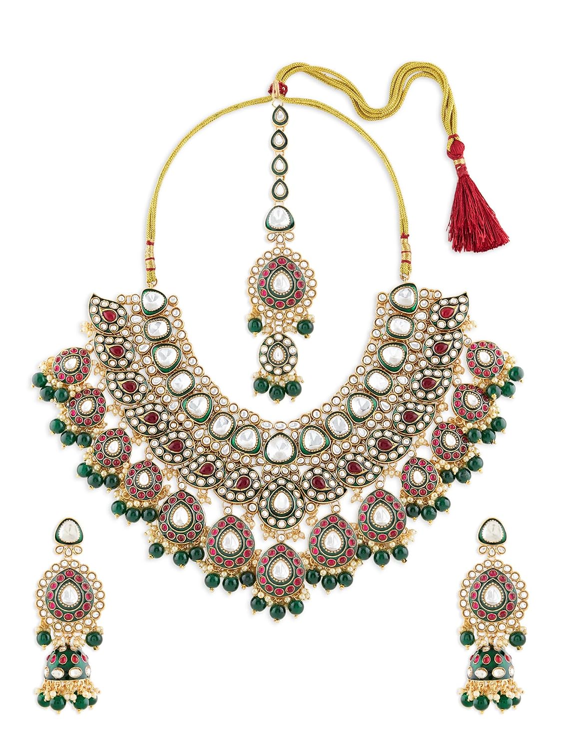 ZAVERI PEARLS Green Pink Stones Beads Dazzling Kundan Meenakari Bridal Necklace Earring & Maangtikka Set For Women-ZPFK22118 - Review, Price and Buying Guide