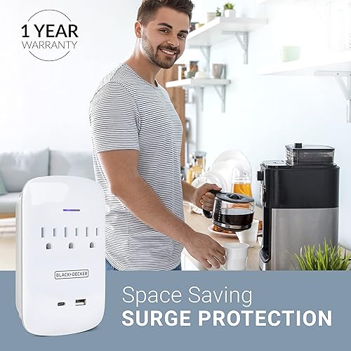 Miniatura 7 de BLACK+DECKER Soporte de pared con protector de sobretensiones con 3 tomas de tierra, 2 puertos de carga USB, adaptador de corriente y cargador de