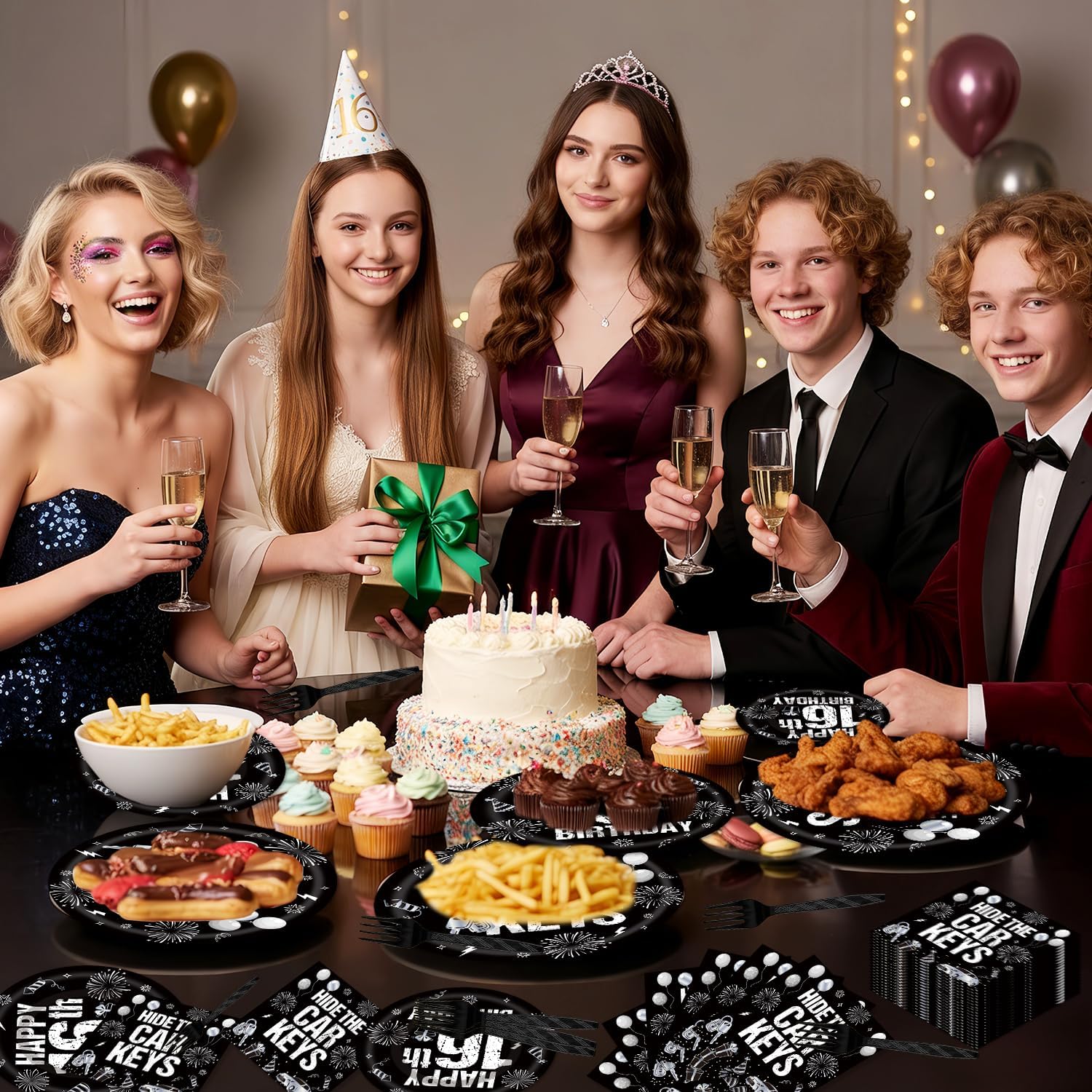 96PCS Hide The Car Keys Plates and Napkins Party Supplies Black 16th Birthday Decorations for Boys Girls Car Theme 16 Years Old Disposable Paper Tableware Set Serves 24 Guests