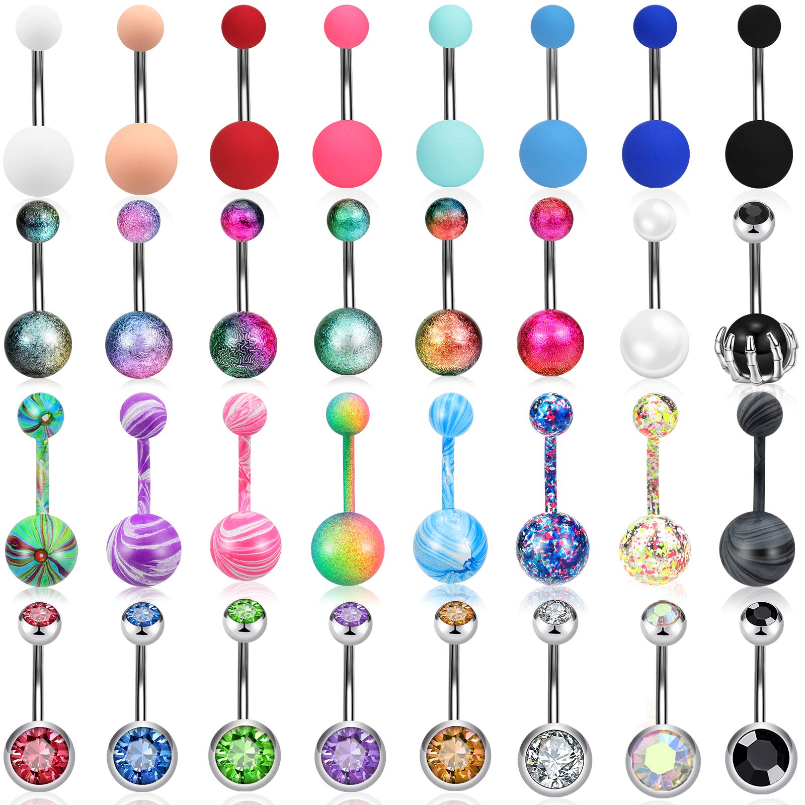 ONESING32 Pcs 14G Belly Button Rings Belly Rings for Women Belly Piercing Jewelry Belly Bars Navel Rings Stainless Steel Body Piercing Jewelry (Style-B-32 Pcs)