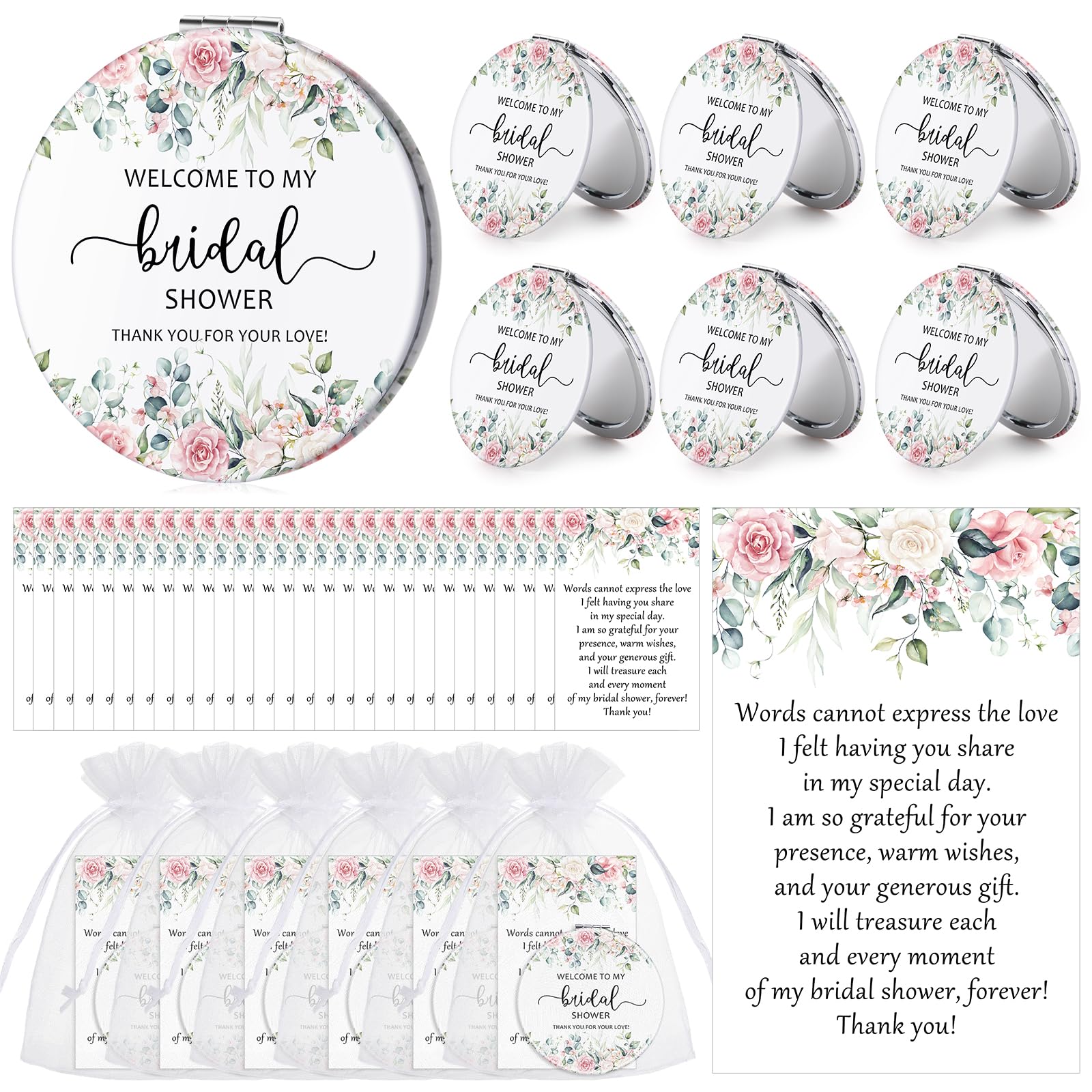 XunYee 24 Sets Bridal Shower Favors for Guests Flower Design Makeup Mirrors Leather Compact Mirrors Bridal Thank You Cards with Organza Bags