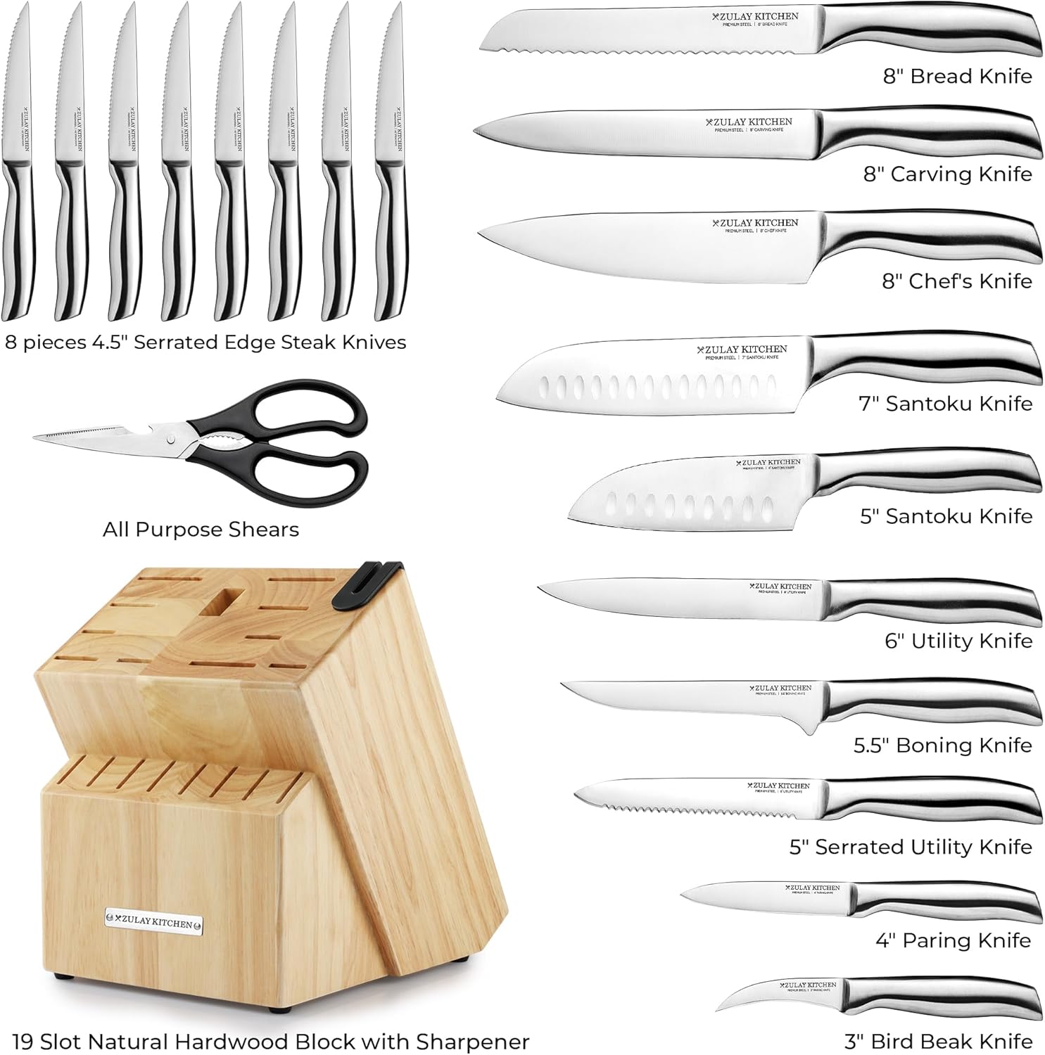 Zulay 20-Piece Stainless Steel Kitchen Knife Set with Built-in Sharpener – Ultra Sharp, Rust-Resistant Knives in Natural Wood Block