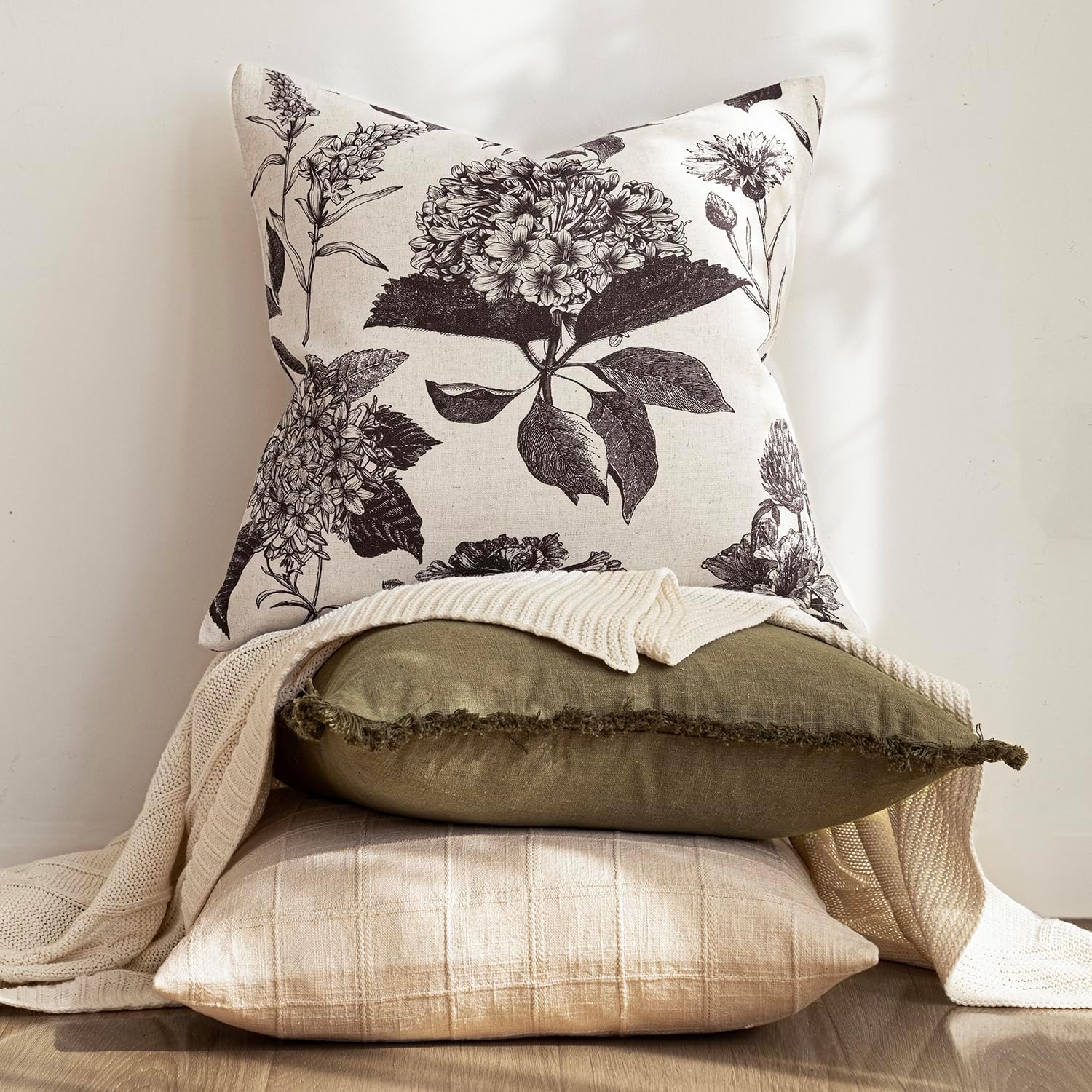 Foindtower Set of 2 Linen Floral Vintage Throw Pillow Covers Neutral Accent Print Decorative Cushion Covers Farmhouse Boho Home Decor for Sofa Chair Couch Bedroom Living Room,22×22 Inch,Black - Image 5