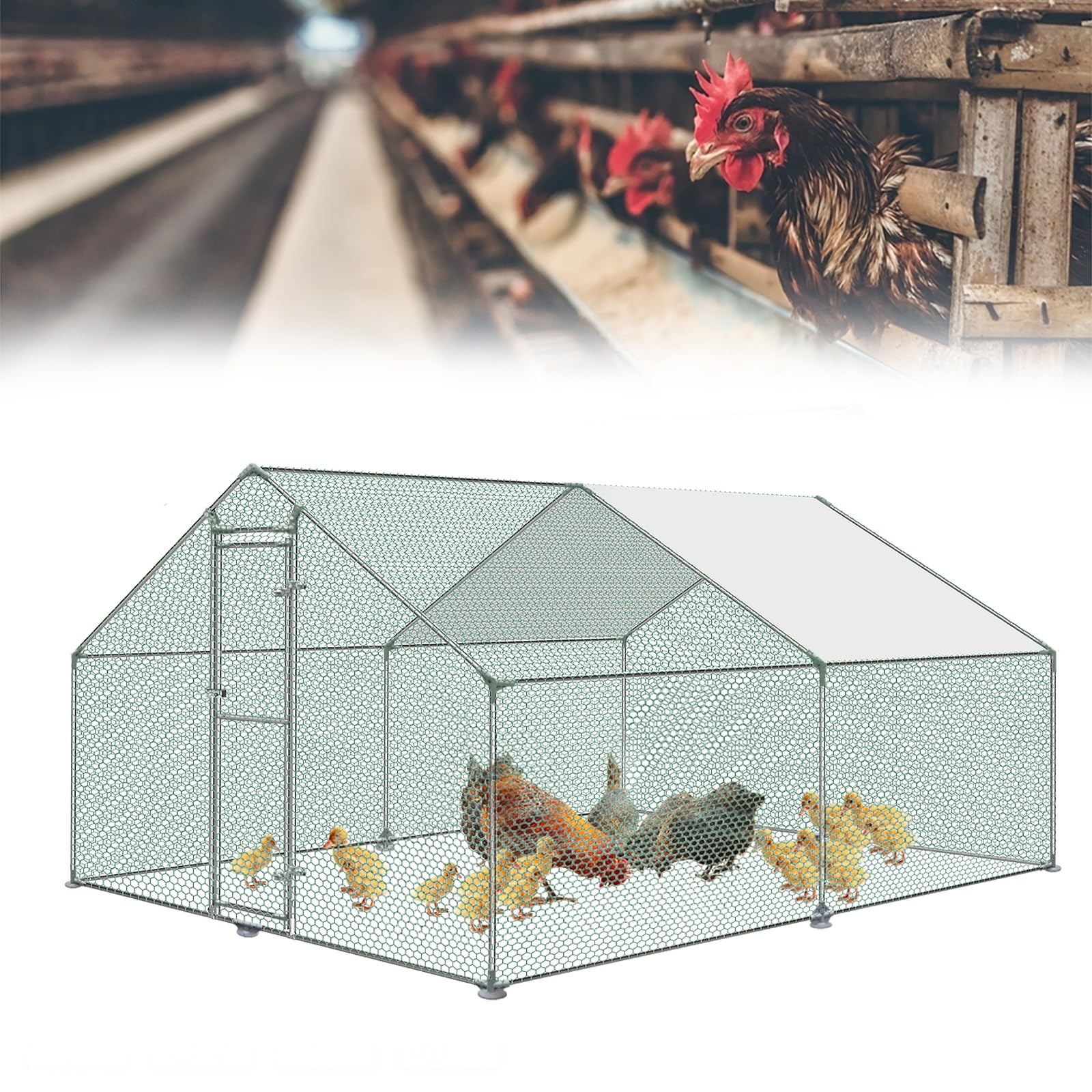 HENGMEI Gallinero de 3 x 4 x 2 m, cercado al aire libre, jaula para animales pequeños, de acero galvanizado, con techo de polietileno, exterior con cerradura, gallinero