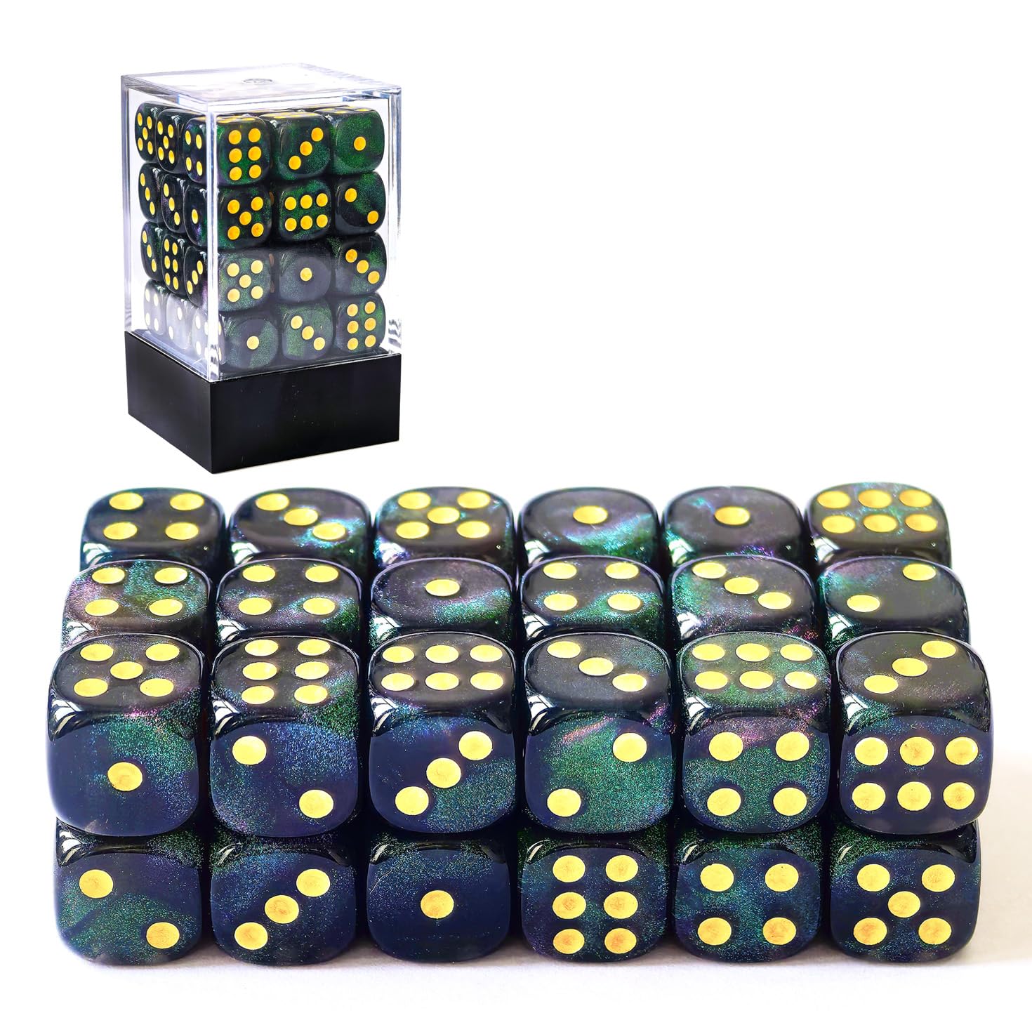 BESCON DICE Moonstone 12mm 6 Sided Dice, 36 in Brick Box, Pearl Dark Green Dice With Green Shimmery - Image 3