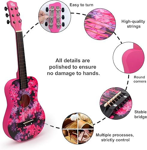 Miniatura 3 de Guitarra acústica de cuerdas de metal con estampado floral de 30 pulgadas, regalo para niñas, juguetes musicales para niños, instrumento musical