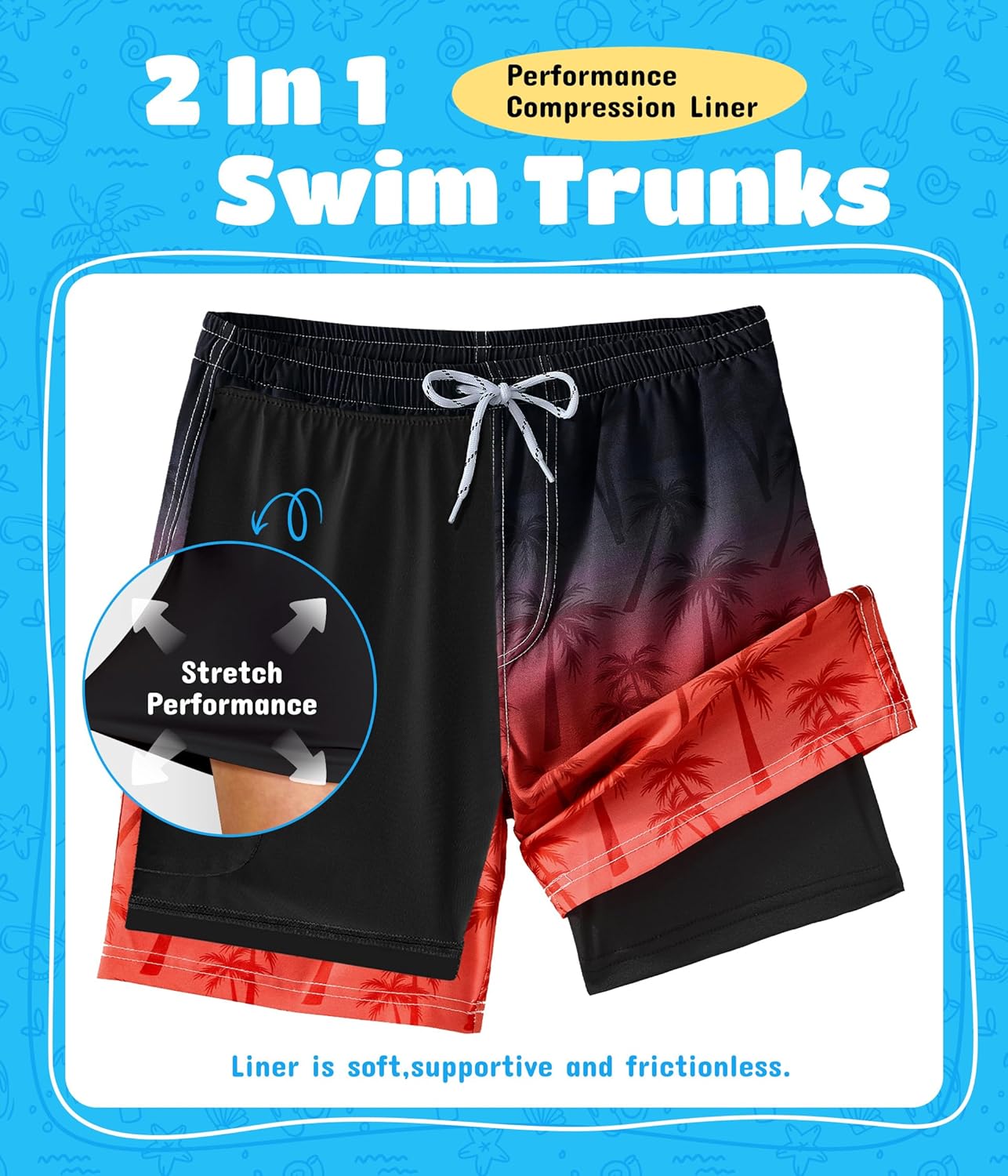 Boys Swim Trunks with Compression Liner Boys Quick Dry 2 in 1 Swim Shorts Summer Beach Shorts Black Red - Image 4