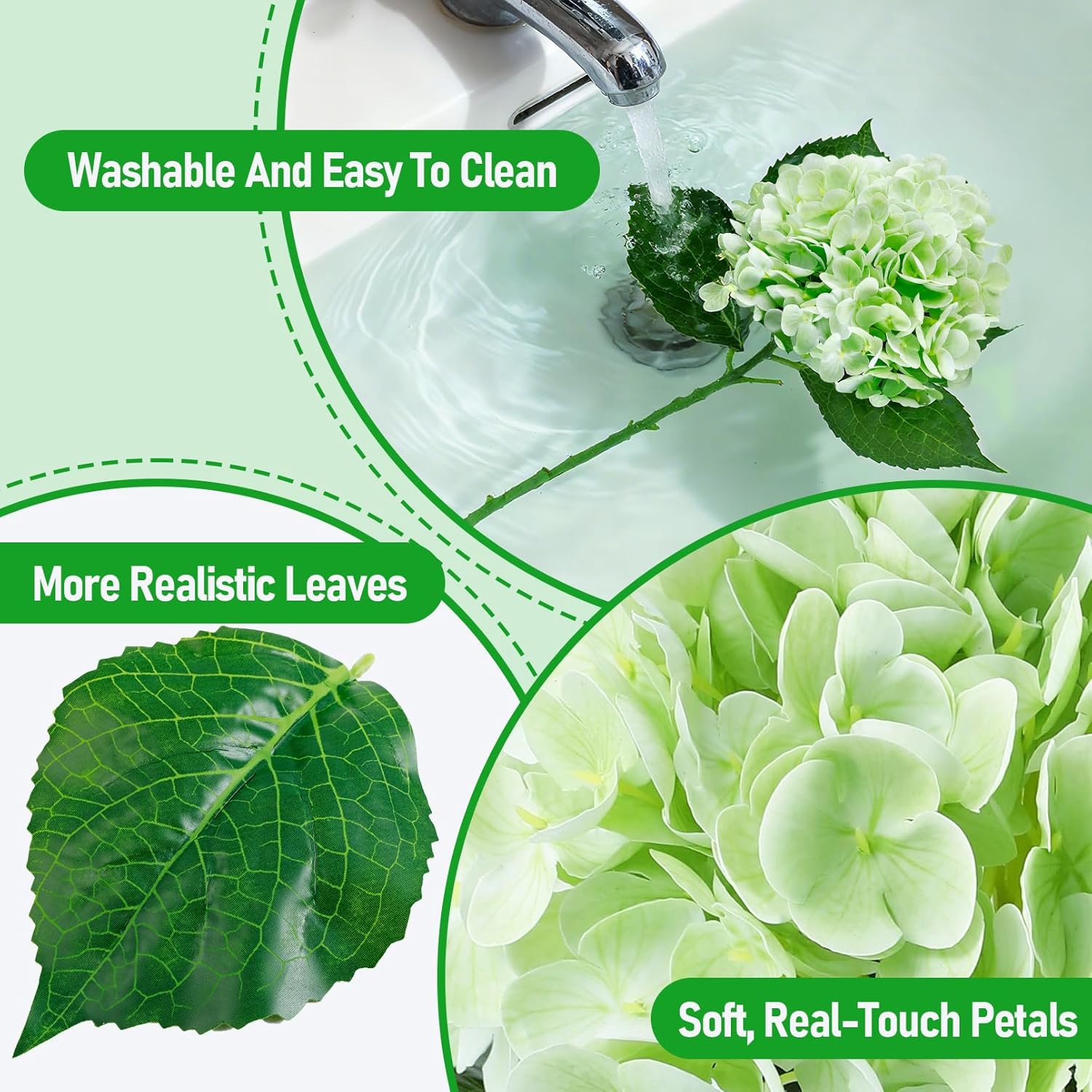 3 Pcs Real Touch Artificial Hydrangeas, 21" Full Latex Faux Hydrangea Flowers, Hydrangea Artificial Flowers with Stems, Lifelike Realistic Latex Hydrangeas for Wedding Party Home, Light Green - Image 4