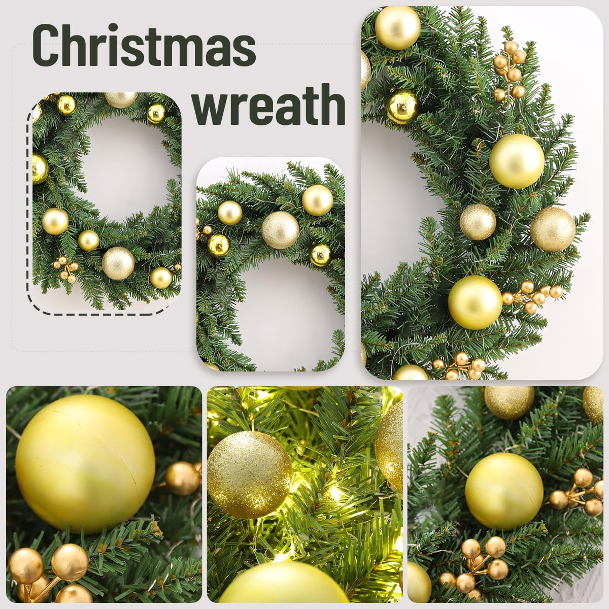 Artificial Lighted Christmas Wreath, 16 Inch Pre-lit Xmas Wreath with Gold Berries & Ball Ornaments, Battery Operated 30 Lights, Christmas Wreaths Decorations for Front Door Wall Fireplace Xmas Party