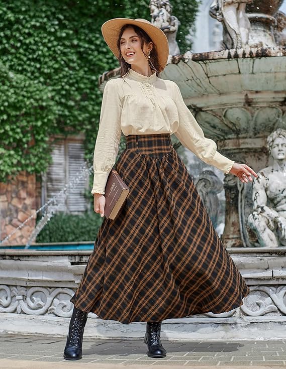 Edwardian Ladies Clothing – 1900, 1910s, Titanic Era Scarlet Darkness Victorian Skirts for Women Plaid Maxi High Waist Long Skirt  AT vintagedancer.com