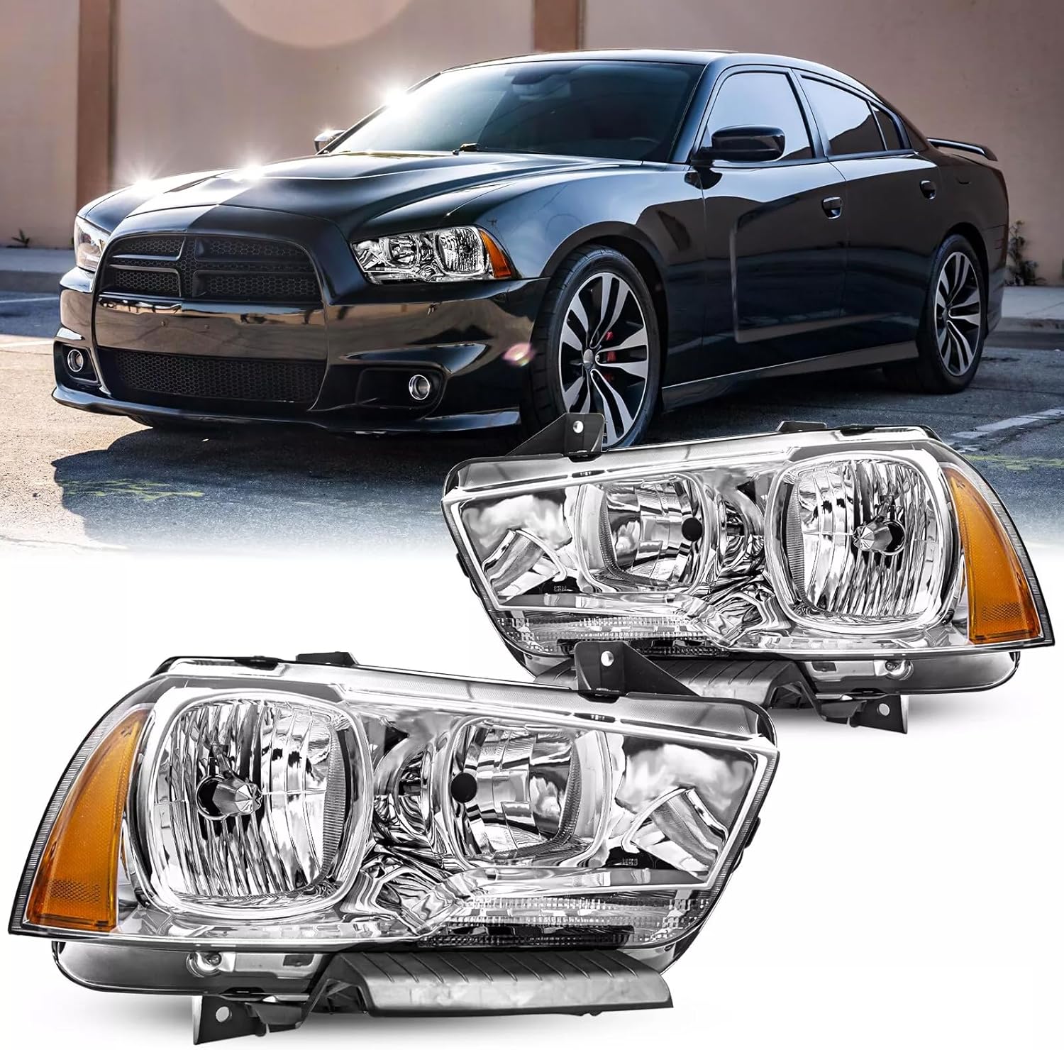 OE Style Headlight Assembly Set For 2011 2012 2013 2014 Dodge Charger R/T SE SRT8 SXT Plus Persuit Sedan Replacement Headlamps Chrome Housing Amber Reflector Driver&Passenger Side CH2503232 CH2502232