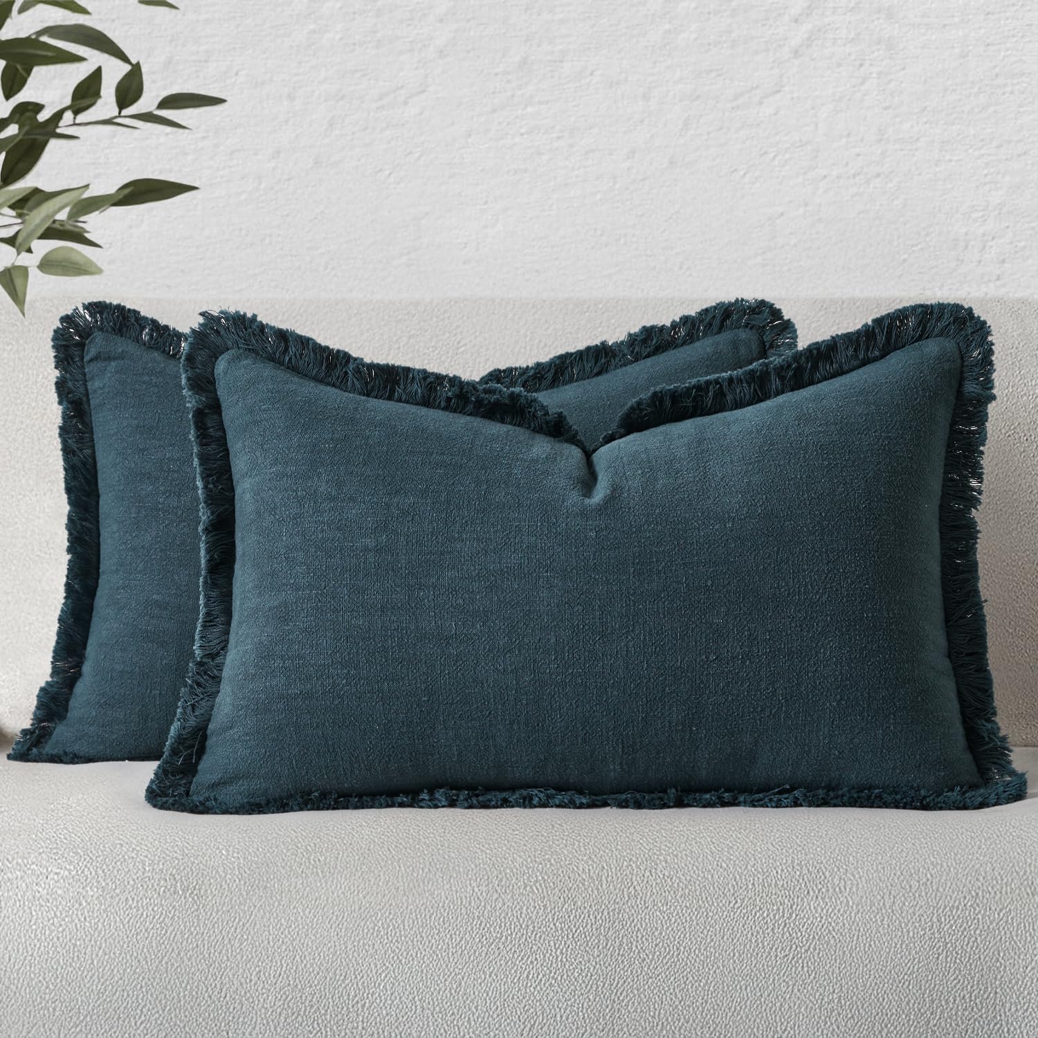 MIULEE Linen Fringe Decorative Lumbar Throw Pillow Covers Navy Blue 12x20