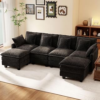 Ihanherry 106" U-Shaped Modern Sofa Modular Sectional Cloud Couch 6-Seat Chenille Seat Sofa with Ottoman for Living Room, Bedroom and Apartment, Black