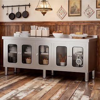 70" Stainless Steel Table Cabinet Heavy Duty Prep Table with 304 Stainless Steel Worktop and 5 Glass Doors Commercial Worktable Workbench with Storage Cabinet for Kitchen Garage Restaurant Outdoor