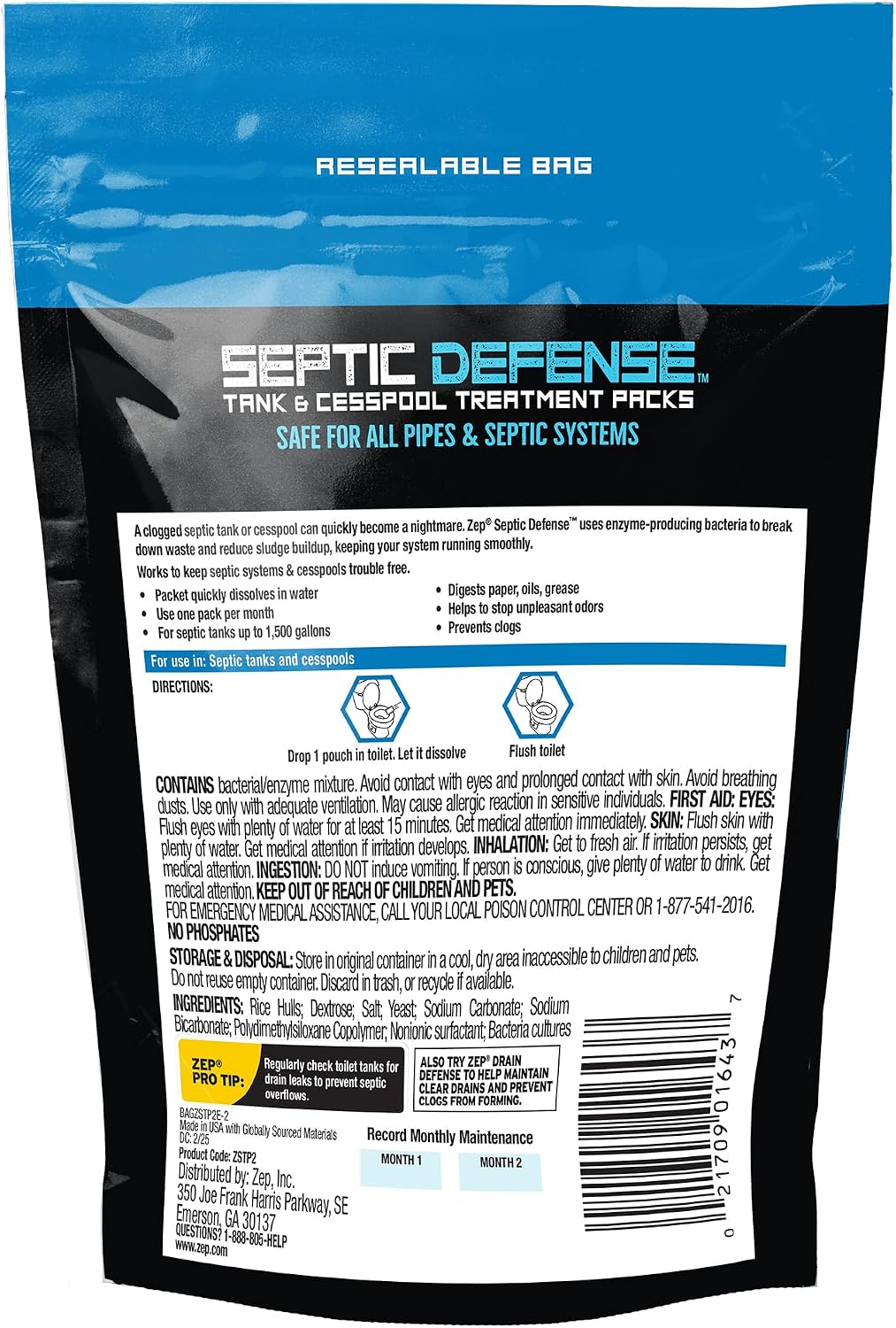 Zep Septic Defense System Treatment Dissolvable Packs - 6 Month Supply - ZSTP6 - Safe for Pipes and All Septic Tanks , Brown