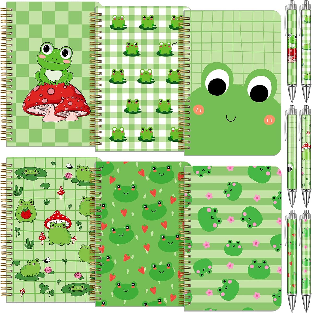 Paquete de 6 cuadernos en espiral de rana A5 de Resurhang Cuadernos de tapa dura estéticos lindos con bolígrafos para suministros de premios para el aula de día escolar de la oficina, 5.5 x 8.3 pulgadas