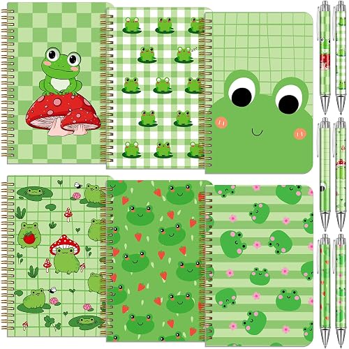 Resurhang 6 Pack A5 Frog Spiral Notebooks Preppy Journal Cute Aesthetic Hardcover Ruled Notebooks with Ballpoint Pens for Office School Day Classroom Prize Supplies, 5.5 x 8.3 Inch