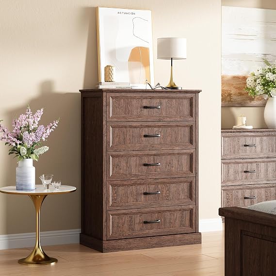 CARPETNAL Farmhouse 5 Drawer Dresser for Bedroom, 44 Tall Brown Dresser. | Wood Rustic Chest of Drawers with Wide Metal Handle,Drawer Organizer for Bedroom,Living Room,Hallway and Entryway