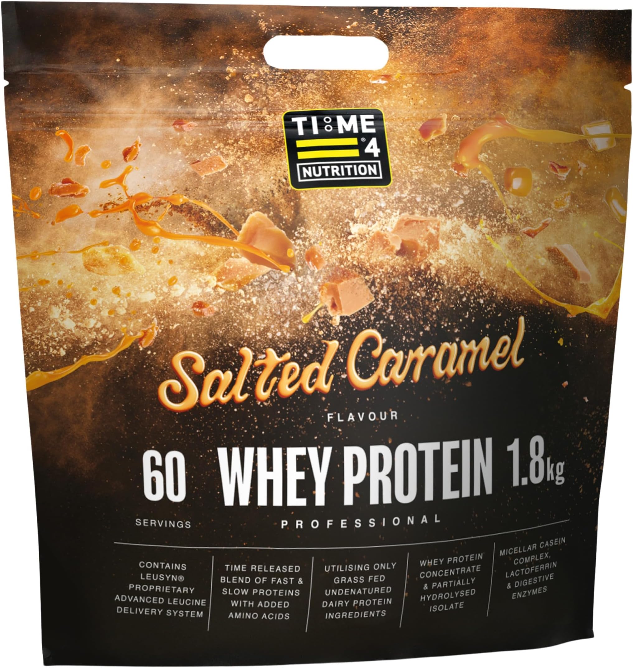 Whey Protein Professional Time Release Grass Fed Native Whey Protein Concentrate, Partially Hydrolysed Isolate & Micellar Casein (Salted Caramel, 1.8kg Bag)