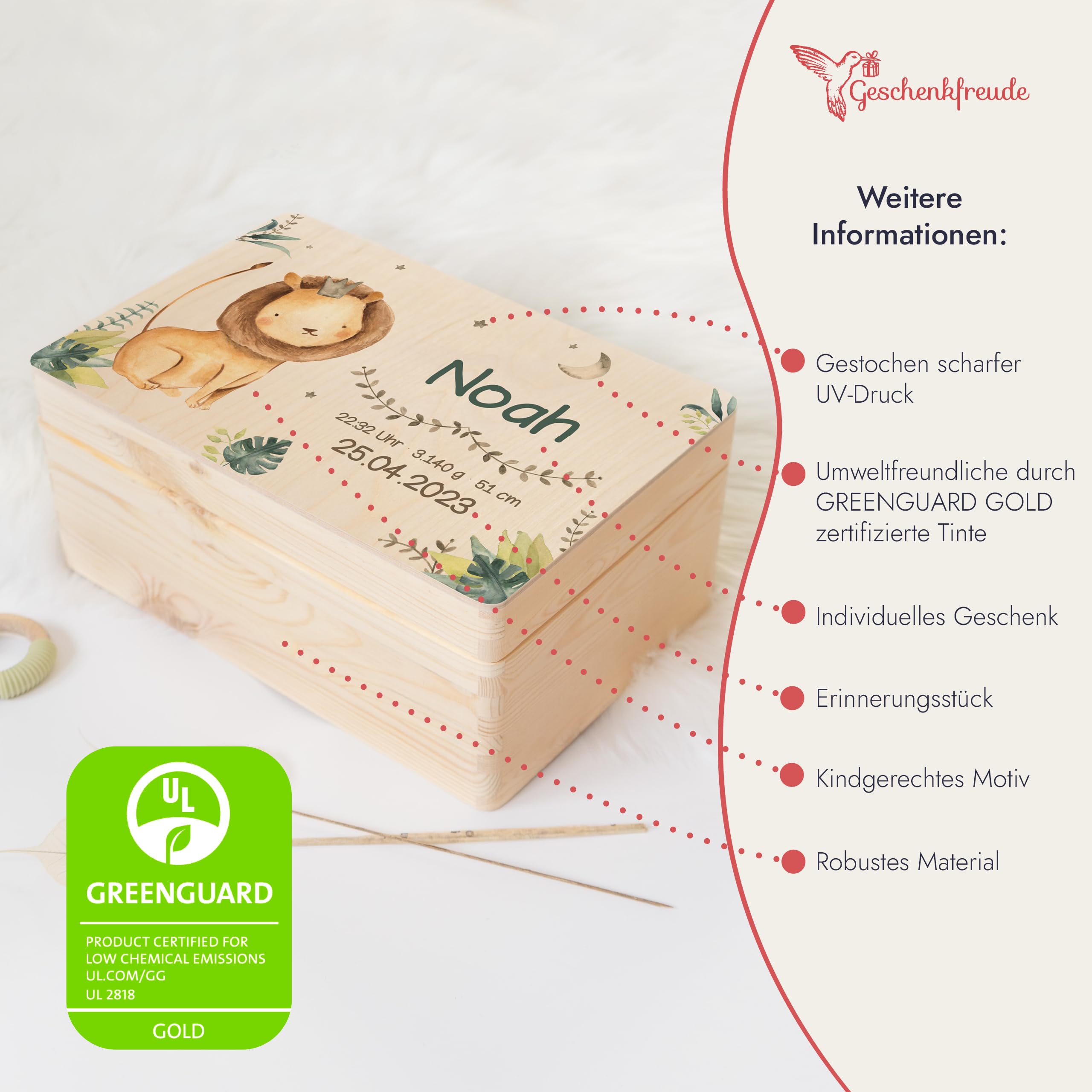 Geschenkfreude Baby Aufbewahrungsbox mit UV Druck - 30x20x14cm - Erinnerungsbox Baby personalisiert - Geschenk zur Geburt - Erinnerungsbox Kinder - personalisierte Holzkiste Neugeborene