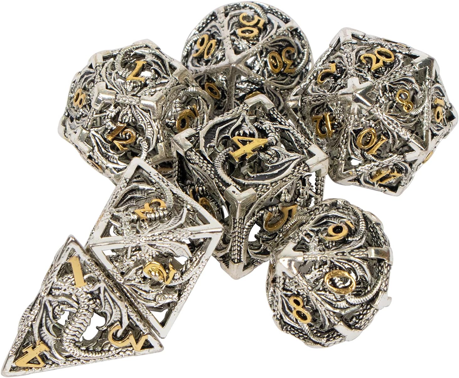 Dungeon and Dragons Dice DND Dice Set, RUNFNG Lightweight Hollow Metal Polyhedral Dice Set with D20 D12 D10 D8 D6 D4, 7pcs White RPG Role Playing Game D&D Dice Set with Gift Box MTG, Pathfinder