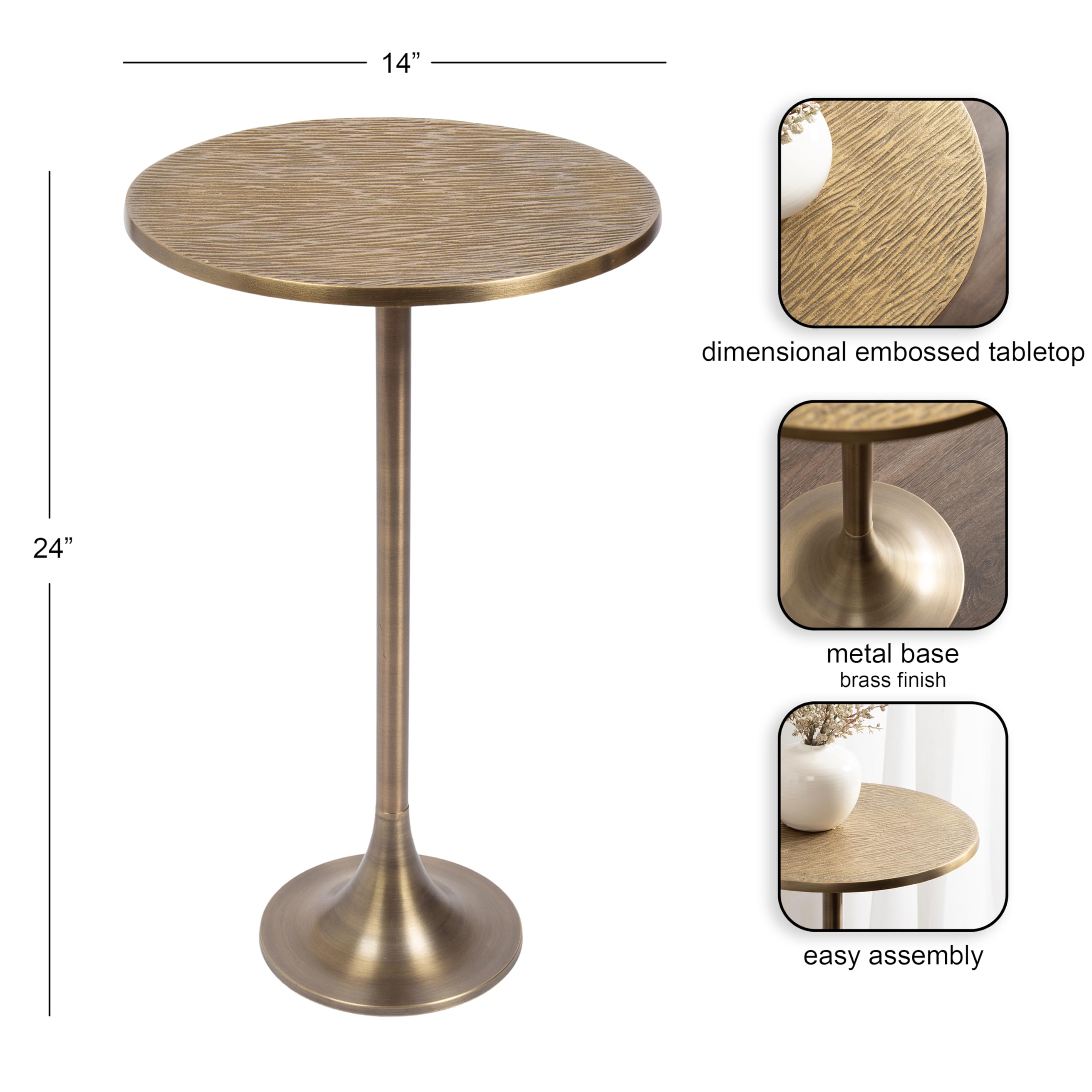 Kate and Laurel Baronet Modern Cast Aluminum Round Side Table, 14 x 14 x 24, Antique Brass, Transitional Circle End Table for Use as a Bedroom Nightstand or Living Room Plant Stand Option