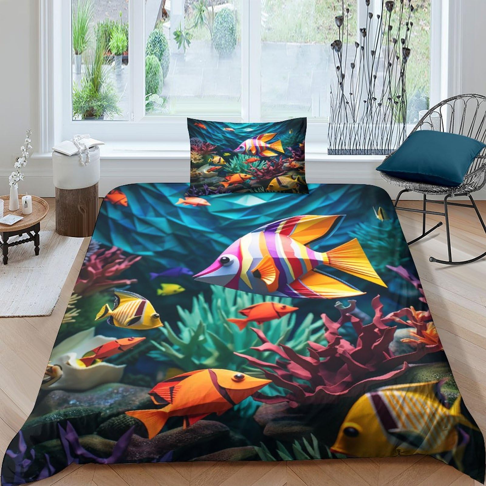 Housse de couette poisson 3D monde océanique 135x200cm pour décorer la chambre des enfants