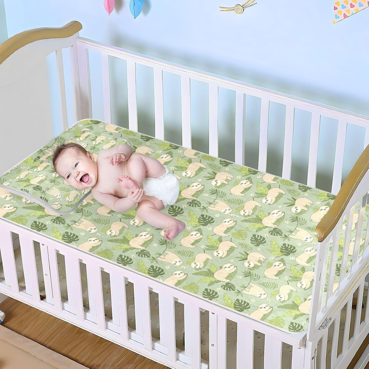 Baby Cooling Mat Cartoon Sloths Green Ice Silk Breathable Mesh Summer Crib Mattress Pad with Pillowcase, Soft Cooling Sleeping Surface for Infant & Toddler, 52"x28"