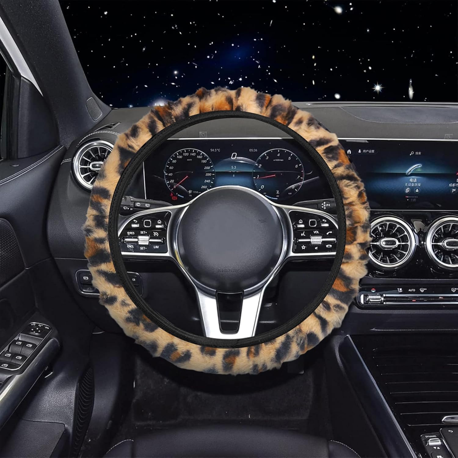 19 Pcs Fluffy Car Accessories Set,Fluffy Plush Leopard Print Steering Wheel Covers,Plush Head Pillow,Pillowcase,Eyeglasses Clip,Car Accessories for Women. (Brown)