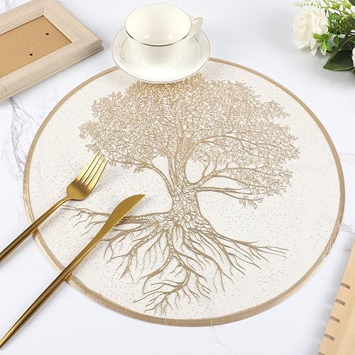 Miniatura 2 de Juego de 6 manteles individuales redondos dorados de vinilo prensado, fáciles de limpiar, impermeables, para cocina, reuniones familiares, cenas,