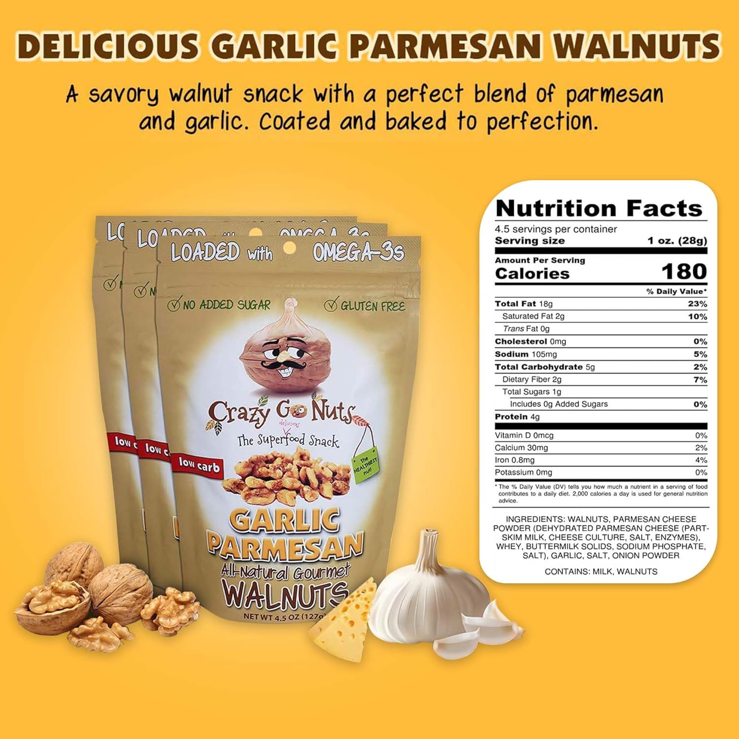 Crazy Go Nuts Sampler Pack - Candied & Salted Walnuts for Snacking, Flavored Snack Packs w/Omega 3 ALA & Vegan Protein - Maple, Banana, Coconut, Buffalo, Garlic Parm & Oatmeal Cookie - 4.5 oz, 6-Pack