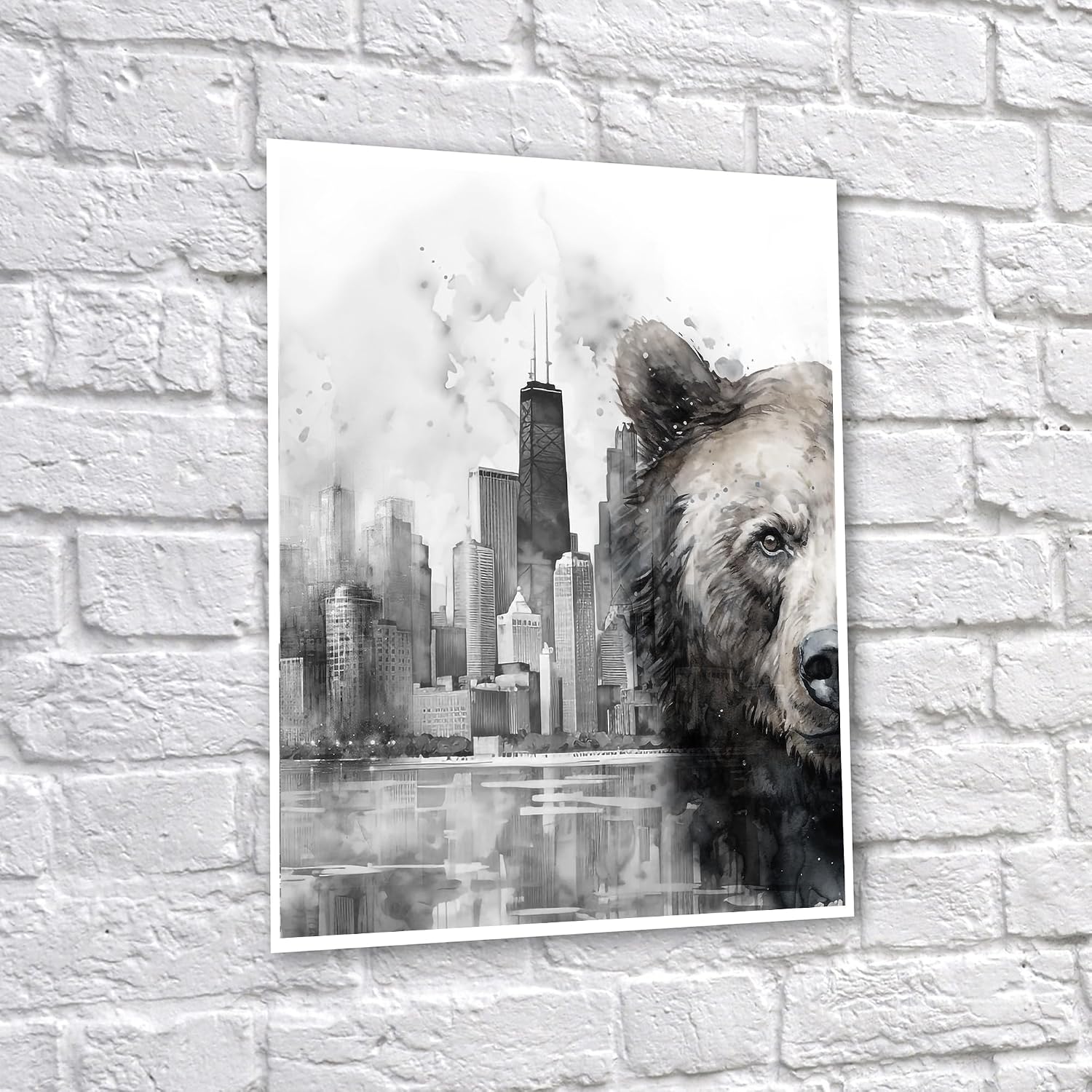 Gnosis Picture Archive Bull and Bear Chicago City Skyline Abstract Watercolor Gray and White Unframed set of 2 Wall Art Poster, Stock Market Day Trader Stock Broker Office Decor gift