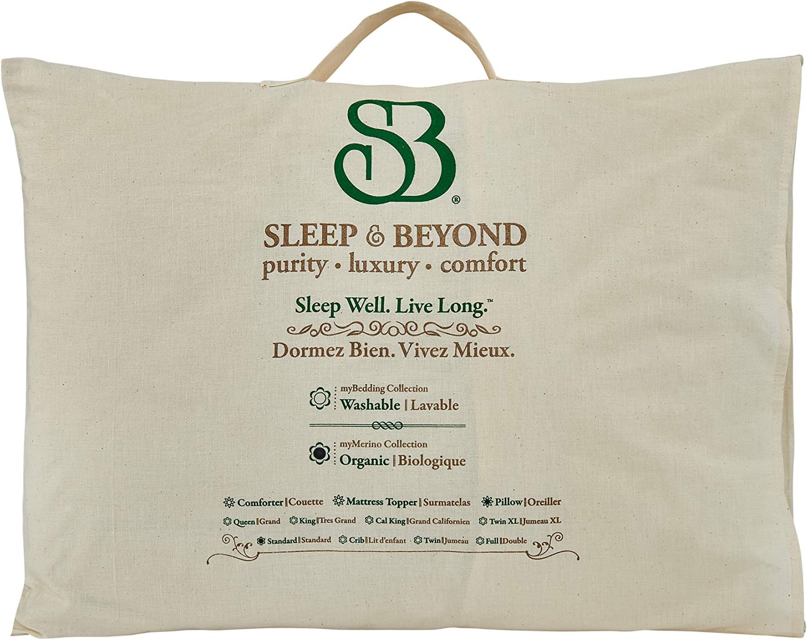 Sleep & Beyond myMerino Premium 100% Organic 270 TC Duvet Wool Pillow with Cotton Cover for All Seasons - Comfortable, Breathable, Lightweight Pillow - Washable - Moisture Wicking - Ivory - Standard