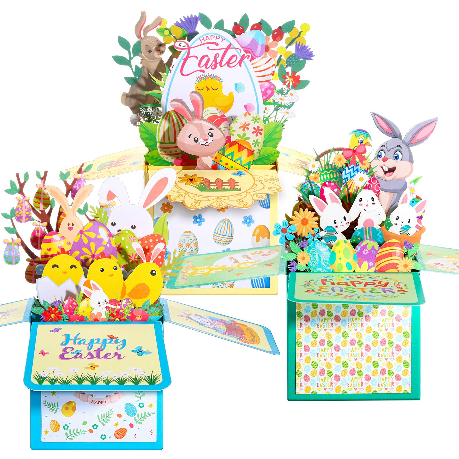 Spakon 3 Pcs Easter Pop up Cards 3D Happy Easter Bunny Egg Chick Pop up Card Greeting Cards with Blank Note Card and Envelope for Kids Children Family