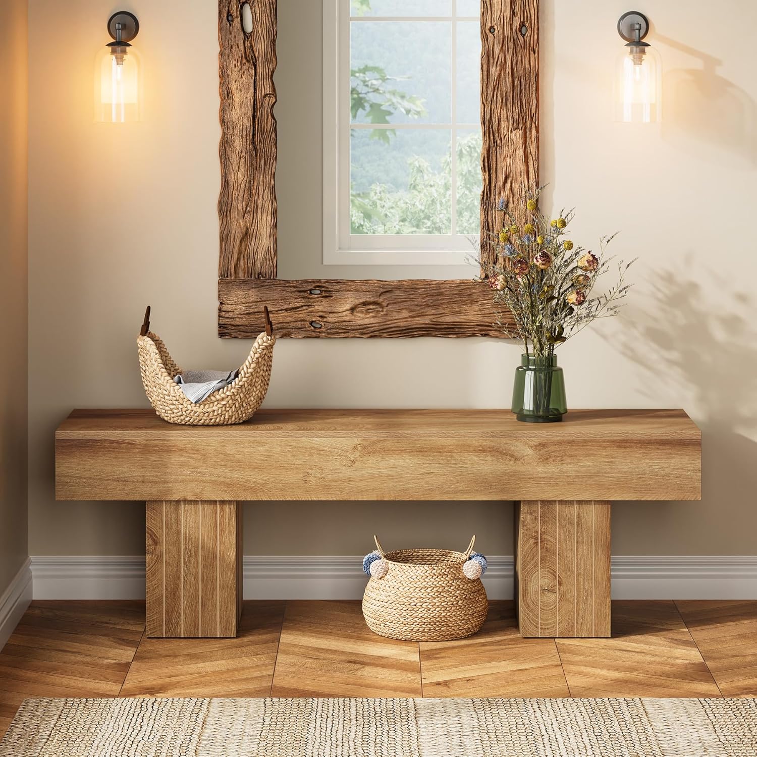 Tribesigns 55" Dining Bench, Farmhouse Wooden Entryway Bench, End of Bed Bench, Indoor Bench for Bedroom, Dining Room, Kitchen, Hallway, Light Brown