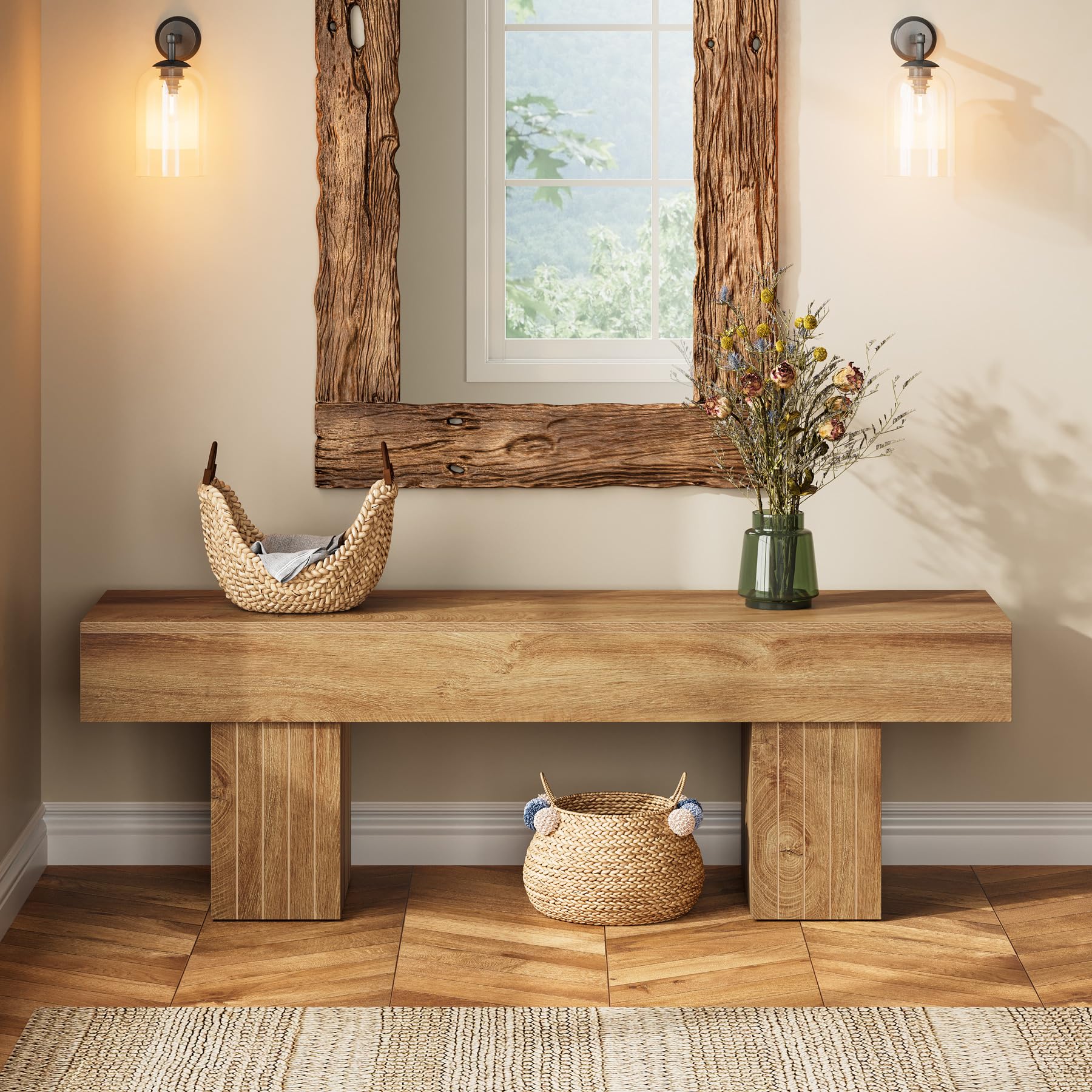 Tribesigns 55" Dining Bench, Farmhouse Wooden Entryway Bench with Robust Legs, Indoor Bench for Bedroom, Dining Room, Kitchen, Hallway, Light Brown