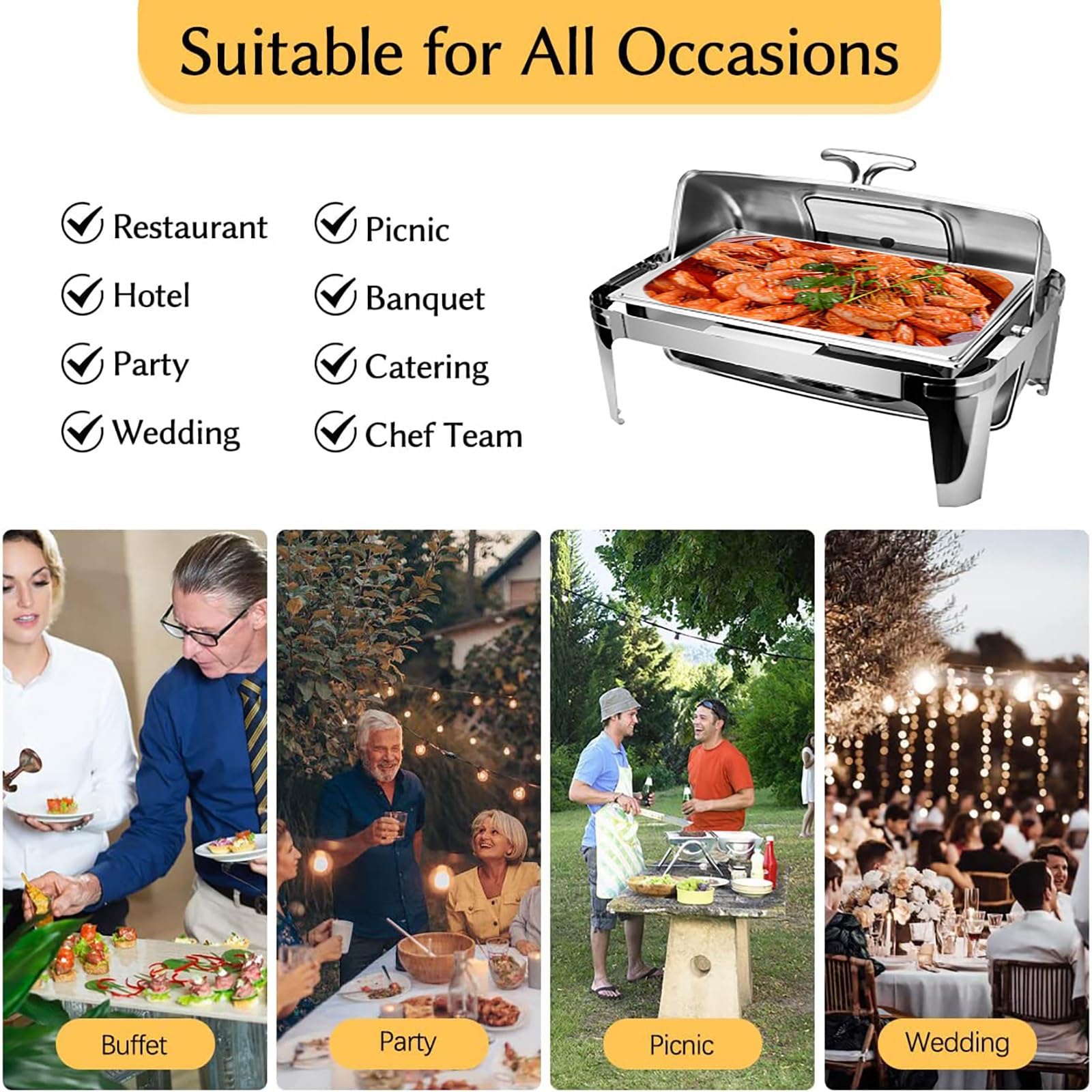 Set professionale di scaldavivande da 8 litri, padella, coperchio e supporto per carburante, per catering, buffet e scaldavivande