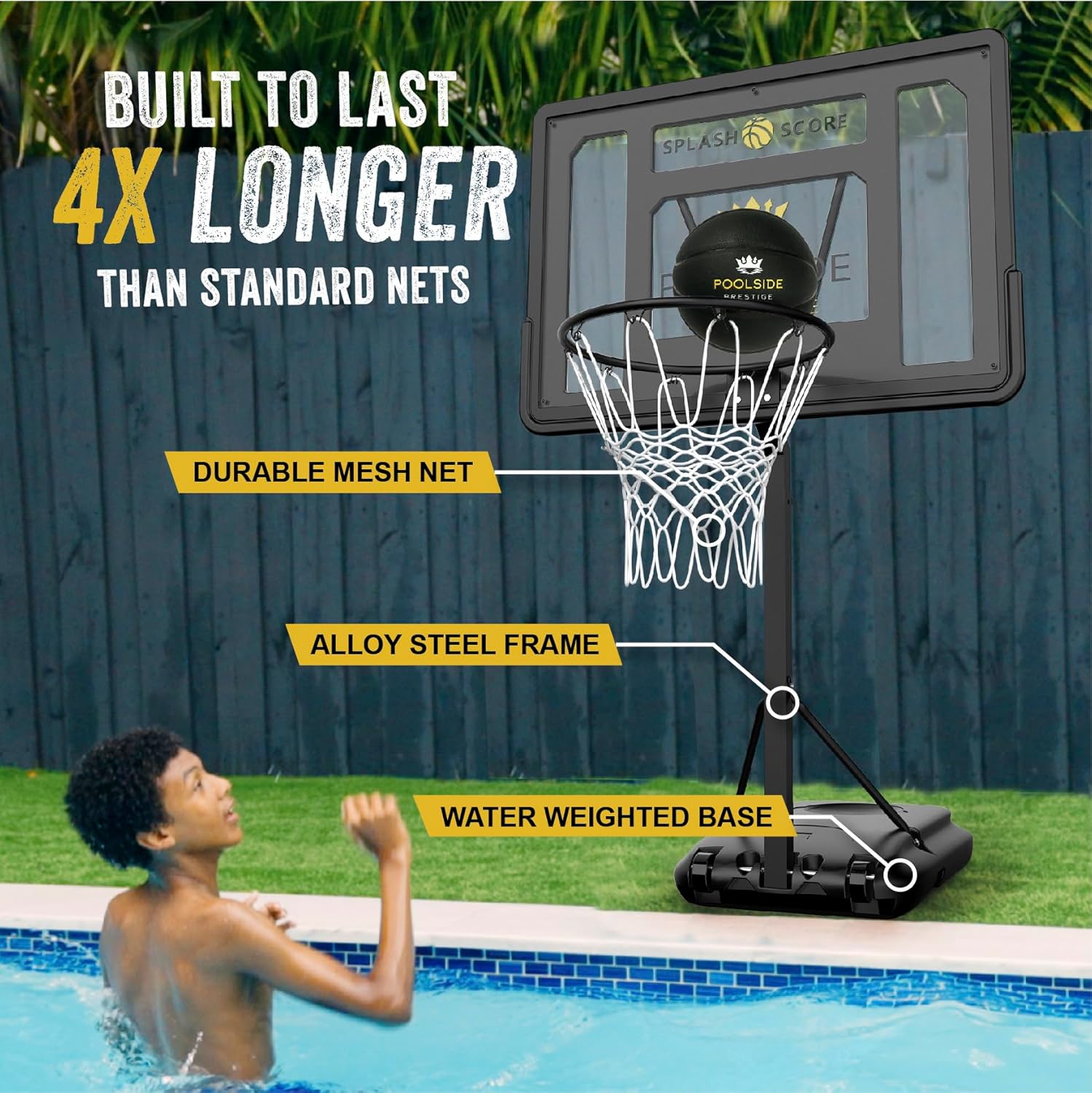 35"-48" Adjustable Swimming Pool Basketball Hoop - Poolside Basketball Hoop with Basketball - Black Pool Hoop with Durable Mesh Net That Lasts 4X Longer Than Standard Nets